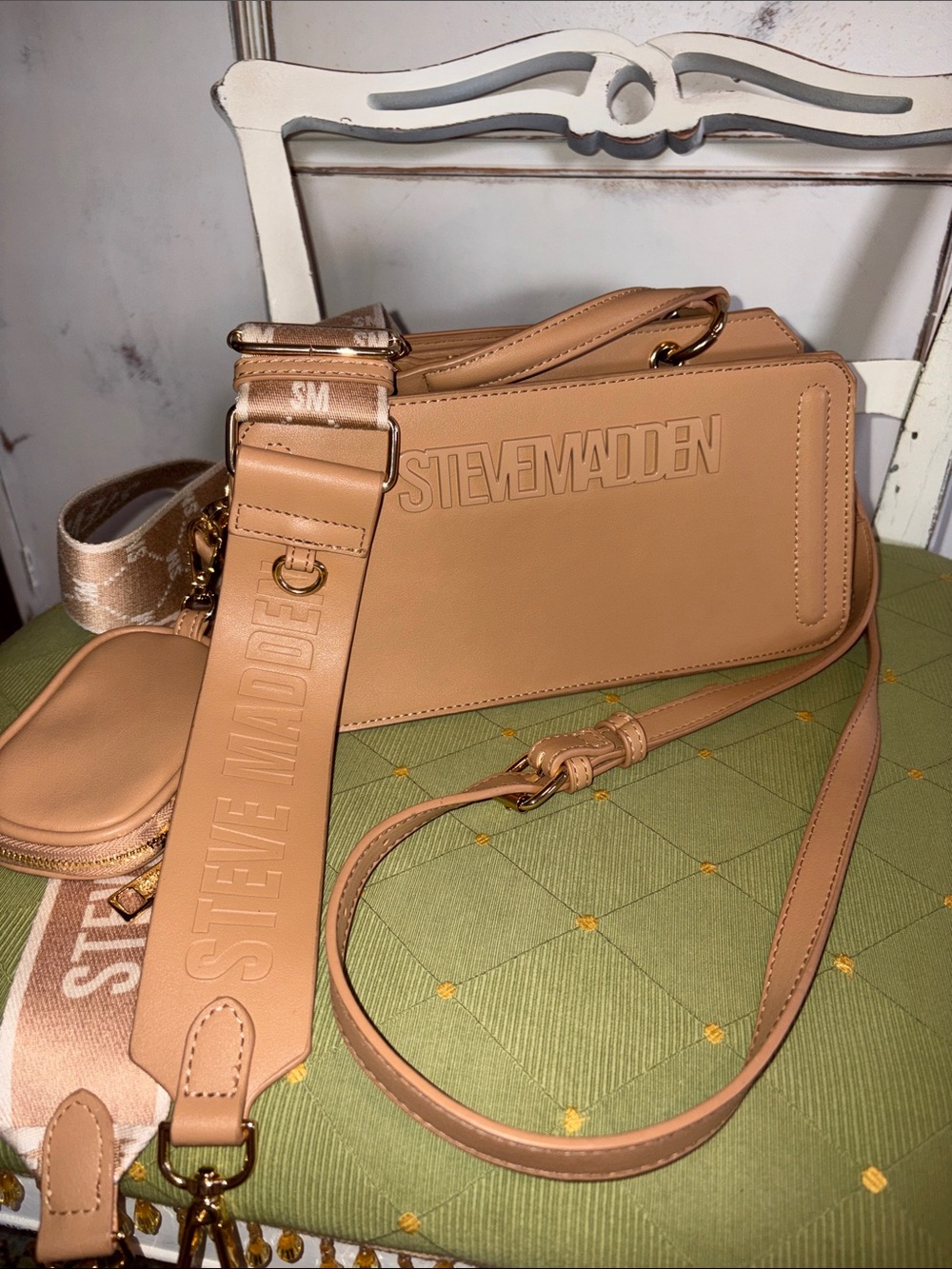 Steve Madden Beige/Tan Embossed Logo Convertible Crossbody